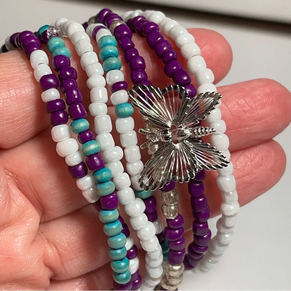 Beaded bracelets butterfly purple blue white silver handmade stretchy